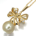 Auth Mikimoto Necklace Golden South Sea Pearl 10.2mm Diamond Ribbon 18k Yg
