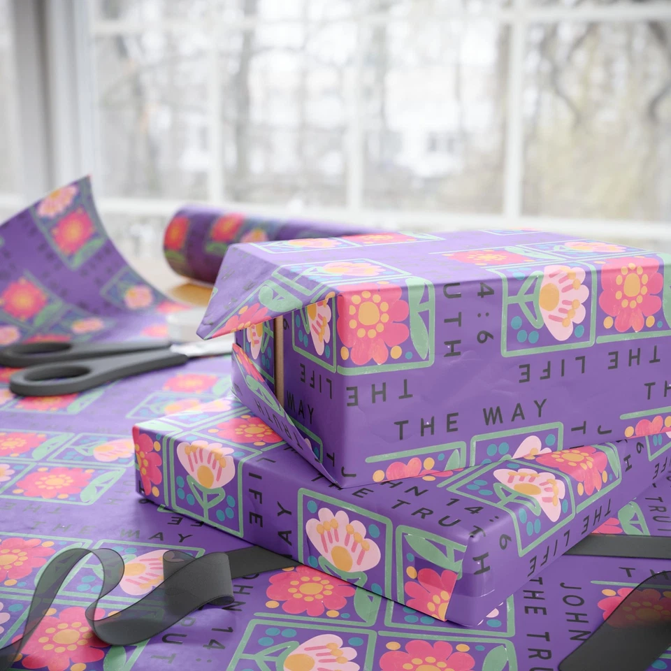 Versículo da Bíblia embrulho para presente papel de embrulho de aniversário cristianismo, espírito santo, crer - Imagem 1 de 1