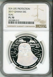 2017 GHANA 5 CEDIS SILVER "SEAL" NGC PL 70  SEA LIFE PROTECTION - Picture 1 of 4