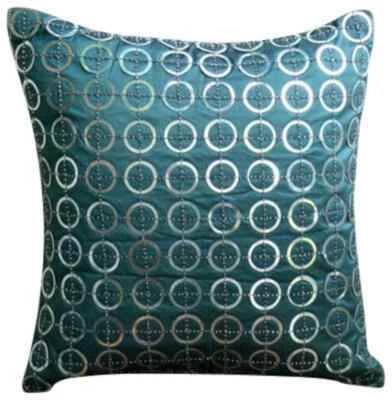 Cushion Case Blue 16"x16", Bed Decor Silk Circles & Dots - Teal N Silver Rings - Image 1 of 4