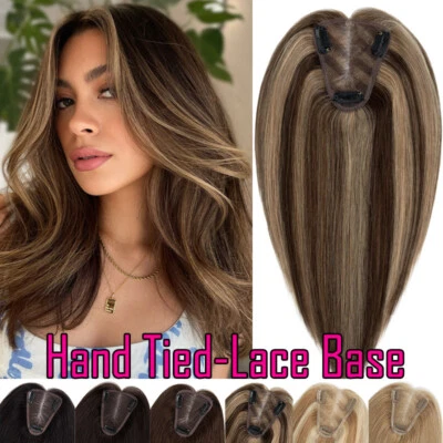 Women Hair Topper Clip In 100% Real Human Hair Piece Toupee Top Wig Full Lace US - Image 1 of 4