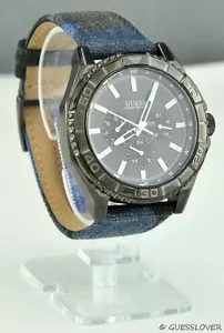 Orologio Uomo Spedizione Gratuita USA Chic Unisex GUESS Blu Pelle Tela Nuovo U0491G2 Bellissimo - Foto 1 di 6
