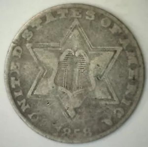 1858 Three Cent Silver US Type Coin 3c Circulated Philadelphia Mint 3 Cents - Picture 1 of 2