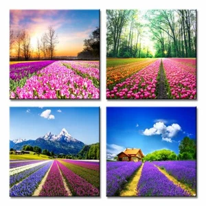 Canvas Print Tulip Lavender Flower Wall Art Landscape Painting Bedroom Decor - Picture 1 of 6