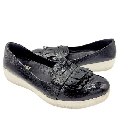 FitFlop Sneakerloafer Fringey Patent Leather Shoes Flats Black White Women's 8.5 - Image 1 of 4
