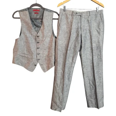 John Varvatos EE. UU. Para Hombres Gris Mezcla de Lino Traje Chaleco Pantalones Conjunto P33R Foto 1 de 4