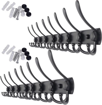 2 Pack 75cm Wall Mounted Coat Racks with 8 Hooks | Black Metal Hook Rail - Image 1 of 4