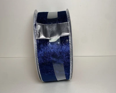 Christmas Celebrate It Wired Ribbon Blue Silver Velvet Jumbo Roll 2.5 X 60ft New - Image 1 of 4