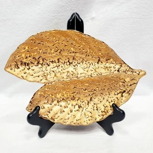 VTG Hand Decorated Weeping Bright 22K Gold Double Leaf Vintage Candy Nut Dish - Picture 1 of 11