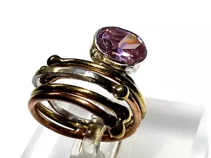 Sterling Silver 925 Ring Pink Topaz Three Tone Brass Copper 5.80g Size N1/2 - Picture 1 of 7