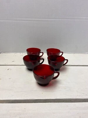 Set Of 5 Vintage Ruby Red Glass Teacups With Handles - Image 1 of 4