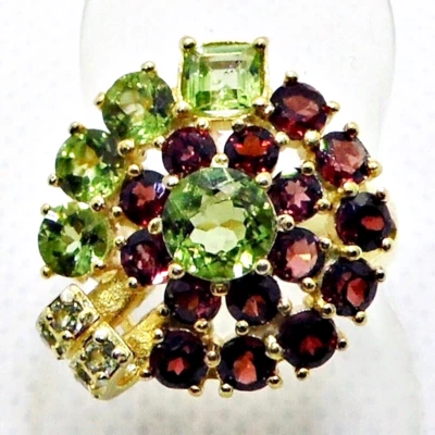 Square & Rund Peridot Granat Ring 925 Silber 750 Gelbgold vergoldet 17,5 mm 55 - Bild 1 von 4