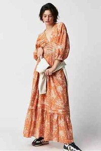 Free People Maxikleid "Golden Hour" gesmokte Taille Blumen orange Large 12-14 - Bild 1 von 10