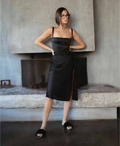 New! Danielle Bernstein Pull On Black Satin Slit Slip Skirt Size XL - Picture 1 of 6