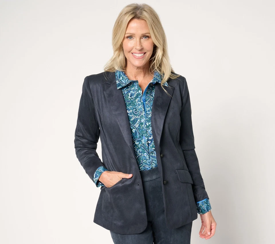 Isaac Mizrahi Live! Regular Estate Stretch Faux Suede Blazer with Lining Black L - Image 1 of 1