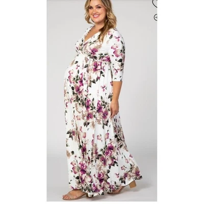 Vestido maxi floral rosa blush maternidade pós-gravidez enfermagem envoltório falso GG-3XL - Imagem 1 de 4