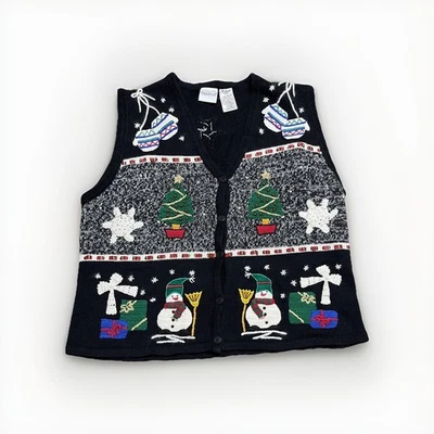 复古 Bobbie Brooks 背心假日圣诞雪人大树黑色毛衣 — 第 1/4 张图片