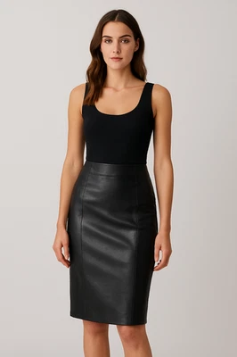 "Falda lápiz de piel de cordero y cuero de vaca genuino para mujer - cintura alta hasta la rodilla Foto 1 de 4