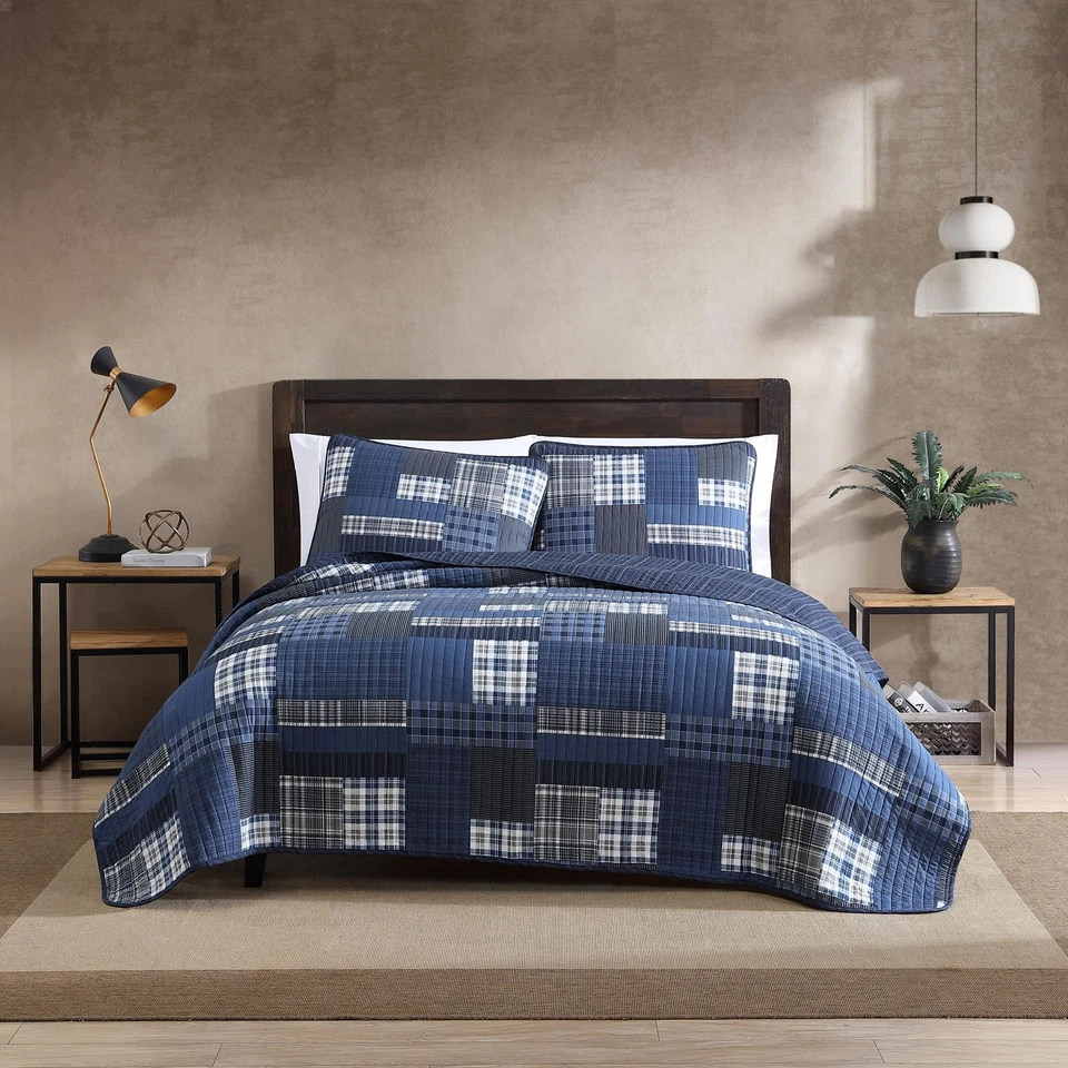 Eddie Bauer Eastmont Blue Plaid Patchwork 3pc Cotton Full/queen Quilt Set