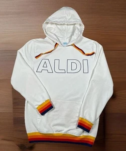 New ALDI Gear Hoodie Women's Sz Small Rainbow Drawstring Pockets Pullover White - Picture 1 of 8