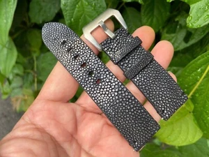 Size 22mm/20mm, Handmade Black Stingray Leather Watch Strap Band, Custom Strap - Picture 1 of 10