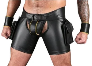 Men's Real Leather Carpenter Shorts With Cargo Pockets Gay Bikers Breeches BLUF - Picture 1 of 2
