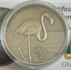 Ghana 5 Cedis 2016 Wildlife Greater Flamingo 1 Oz Silver - Picture 1 of 2