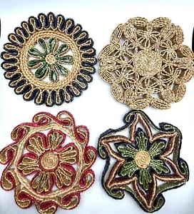 Vintage Boho Woven Trivets Colorful Straw Raffia Folk Art - Set of 4 - Picture 1 of 2