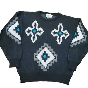 Mens Chunky Sweater Black Aztec Southwest Crewneck Acrylic Sz L Retro VTG 80s 90 - Picture 1 of 6