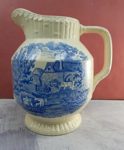 WT Copeland Stoke Upon Trent Blue Transferware 11-1/4" Pitcher Farm,Cow,Cottage - Picture 1 of 12