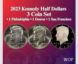2023 P & D & S KENNEDY HALF DOLLAR 3 COIN SET NEW BU + PROOF ULTRA HEAVY CAMEO - Picture 1 of 3