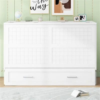 Queen Size Mobile Murphy Bed with Drawer and Little Shelves on Each Side,White - Image 1 of 4