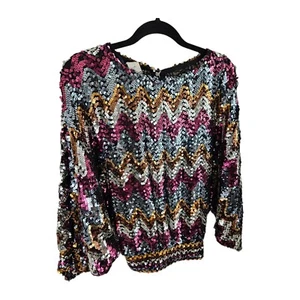 Vintage 70's Disco Top Sequin Shirt Batwing Sleeve Glam Party Zig Zag Women's 10 - Picture 1 of 9