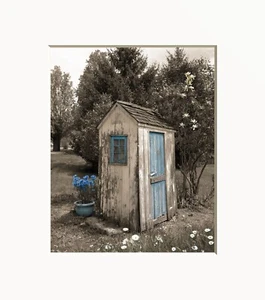 Farmhouse Decor, Bathroom Wall Art, Outhouse Brown Blue Matted Wall Art Print - Picture 1 of 10