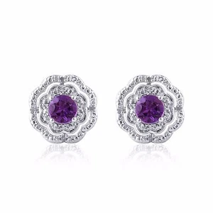 14K Rhodium Plated Amethyst and Diamond Accent Women's Flower Stud Earring - Picture 1 of 5