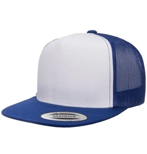 YP Classics Yupoong Flat Bill Trucker Cap White/Blue Meshback Snapback Hat Cap - Picture 1 of 6