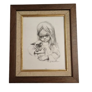Vintage Ozz Franca Laurrie Big Eye Girl Cat Framed Print 13 x11 - Picture 1 of 6