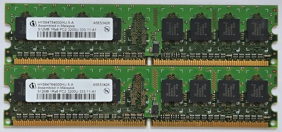 Infineon HYS64T64000HU-5-A 1GB 2x512MB 1Rx8 PC2-3200U-333-AA-A1 DDR2-400 DIMM - Image 1 of 2