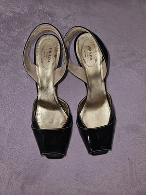 **PRADA**BLACK PATENT LEATHER** PEEP TOE**WEDGE w/CORK** - Image 1 of 4