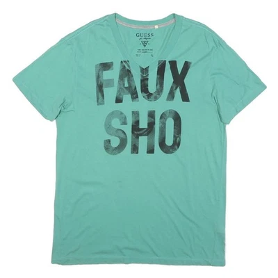 Camiseta gráfica masculina GUESS verde mistura de algodão gola V casual verão - Imagem 1 de 4