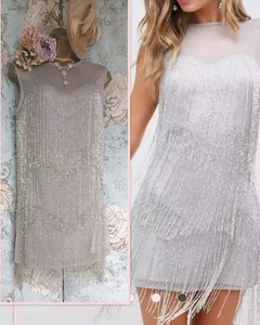 Asos Grey silver tassel 20s Deco beaded gatsby evening Occasion Party dress 12 - Picture 1 of 16