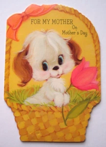 Puppy dog in basket with tulip vintage Mother's Day greeting card *TT22 - Picture 1 of 3