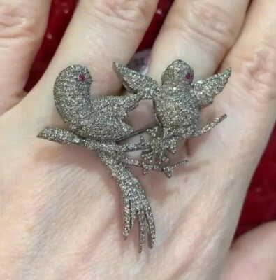 Art Deco Pretty Two Birds on Branch Design 4.32 TCW Ruby & Sapphire Women Brooch - Image 1 of 4