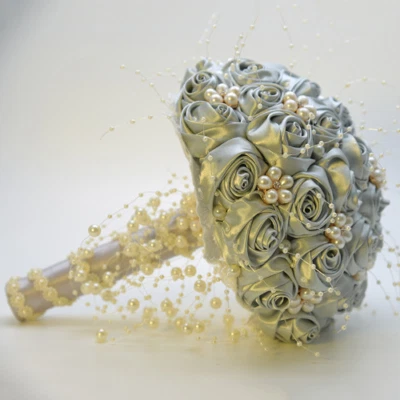 Bridal Silk Roses Bouquet Artificial Holding Flowers with Fake Pearl Accessories - Image 1 of 4