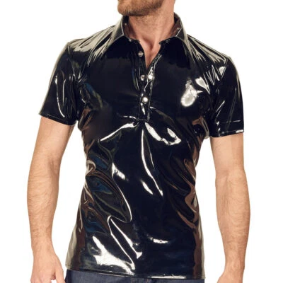 Polo uomo vernice M-XXL elasticizzata abbottonatura wetlook lucido PVC colletto ginnasta