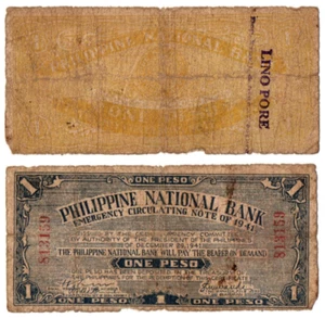 1941 Philippine Province of CEBU 1 Peso S215 C/Stamped CARIGARA, Leyte Lino Pore - Picture 1 of 6