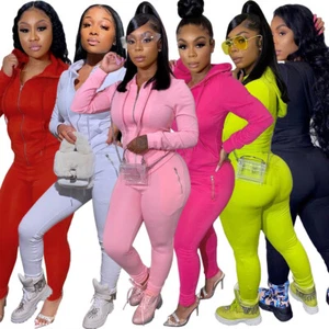 New Women Fashion Long Sleeves Hooded Zipper Patchwork Casual Outfits 2pcs Sport - Picture 1 of 18