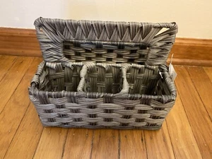 NEW Wicker Utensil Caddy Carrier Wicker Flatware Organizer Grey - Picture 1 of 3