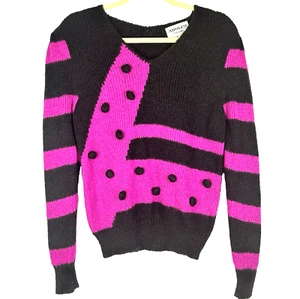 Maglione maglia geometrica vintage anni 80 Adolfo New York nero viola spalla a sbuffo - Foto 1 di 7