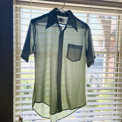 Vintage TG&Y Men’s L Shirt Celery Green Diamond Knit Semi Sheer 70s Point Collar - Image 1 of 4